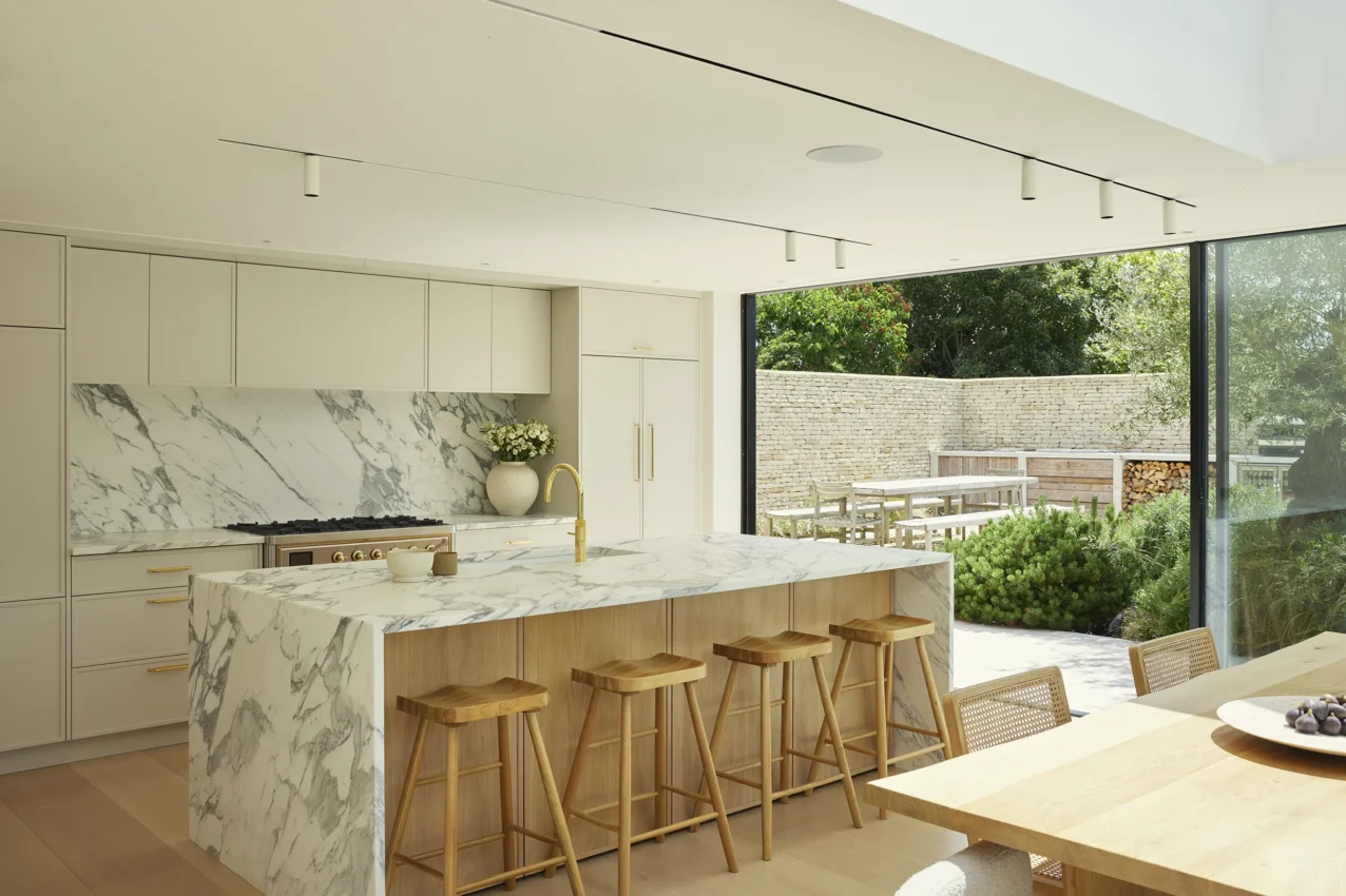 Shot of the Woodbury Kitchen island with stools